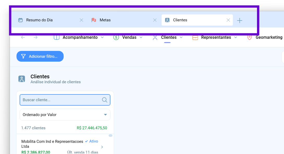 Três abas abertas no Salescope BI: Resumo do Dia, Metas e Clientes