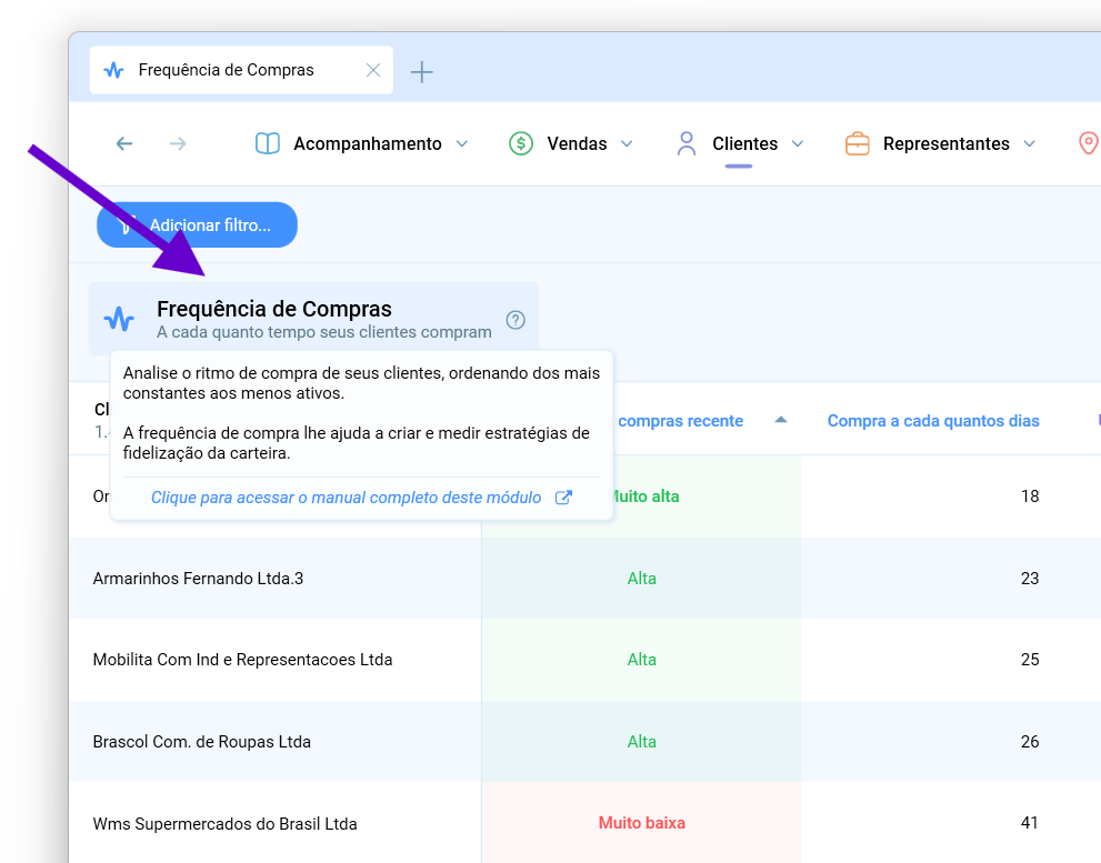 Resumo do módulo Frequência de Compras exibido ao passar o mouse sobre o título, com o link para o manual