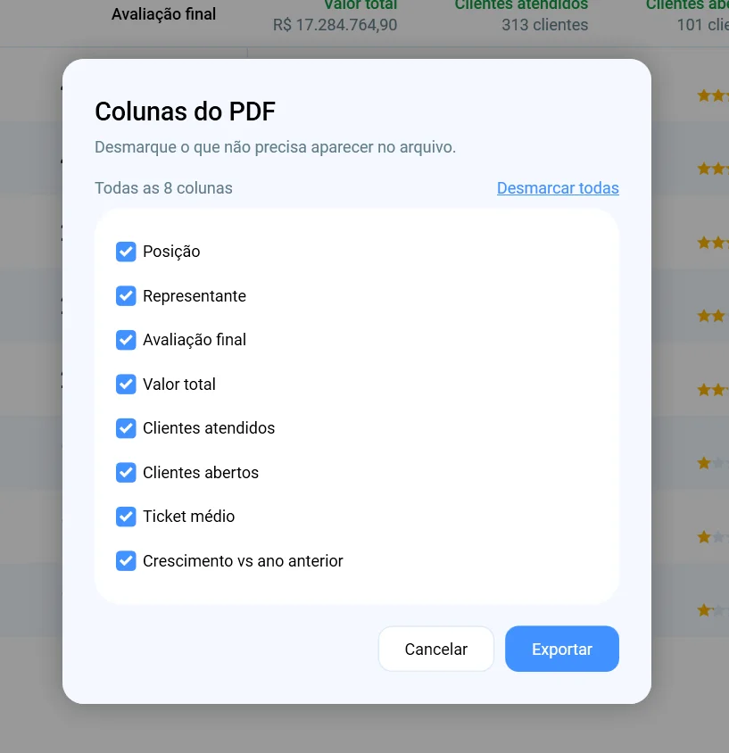 Janela Colunas do PDF, com a lista de colunas do relatório para marcar e desmarcar