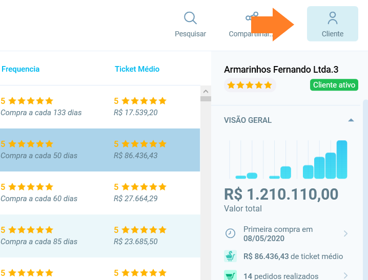 Botão Cliente no topo de um relatório, com o painel aberto ao lado mostrando a Armarinhos Fernando
