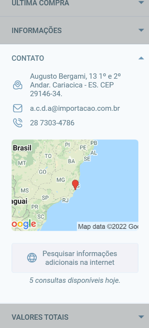 Seção Contato do painel de cliente, com endereço, e-mail, telefone e mapa