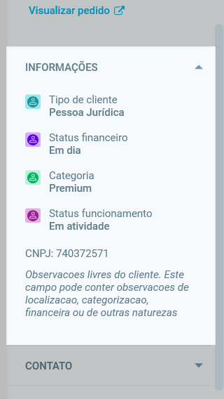 Seção Informações do painel de cliente