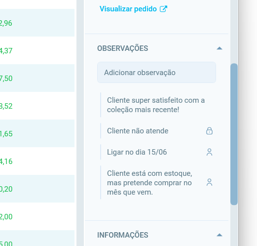 Seção Observações do painel de cliente, com quatro anotações
