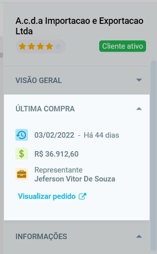 Seção Última compra do painel de cliente