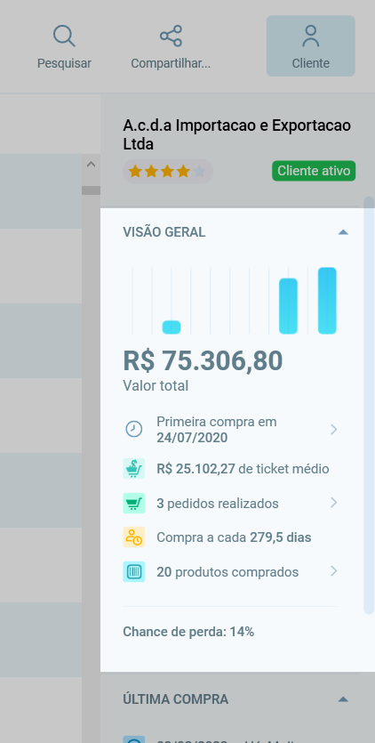 Seção Visão geral do painel de cliente