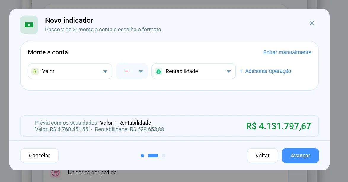 Passo 2 do assistente Novo indicador: a conta Valor menos Rentabilidade e a prévia com os dados da empresa