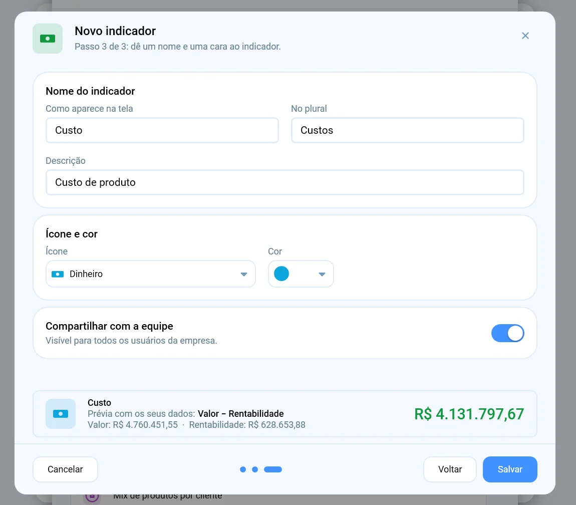 Passo 3 do assistente Novo indicador: nome, descrição, ícone, cor e a opção de compartilhar com a equipe