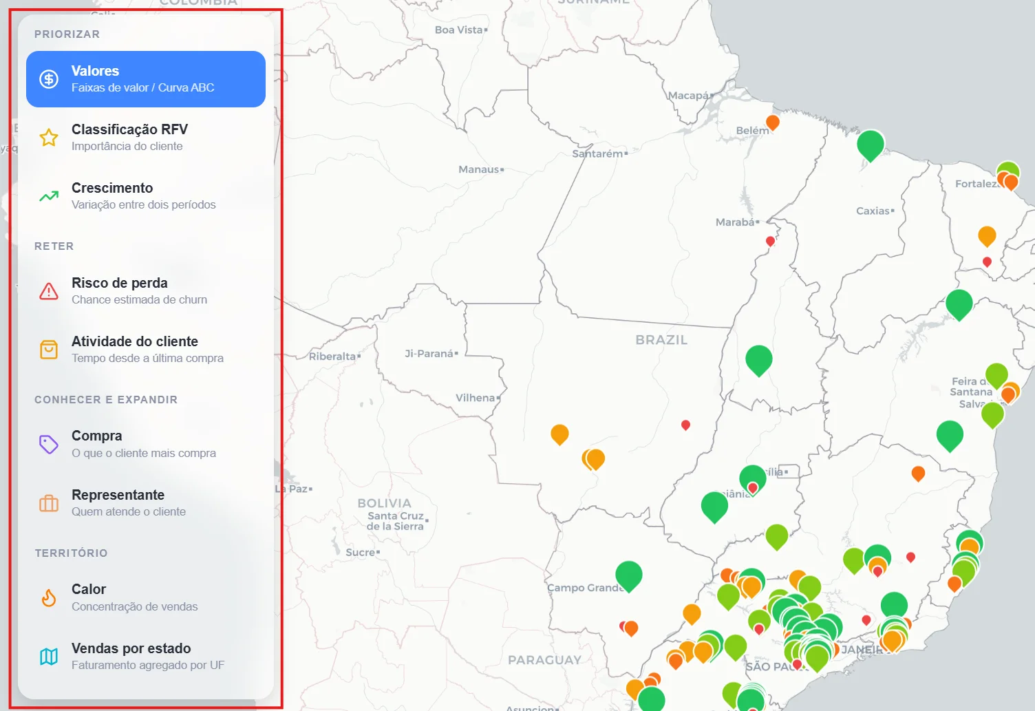 Painel esquerdo do Mapa de Vendas com os nove tipos de mapa agrupados em Priorizar, Reter, Conhecer e expandir e Território