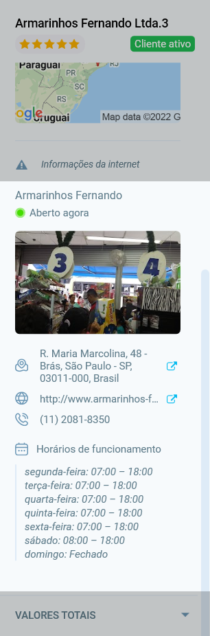 Informações da internet no painel de cliente: foto da loja, endereço, site, telefone e horários de funcionamento